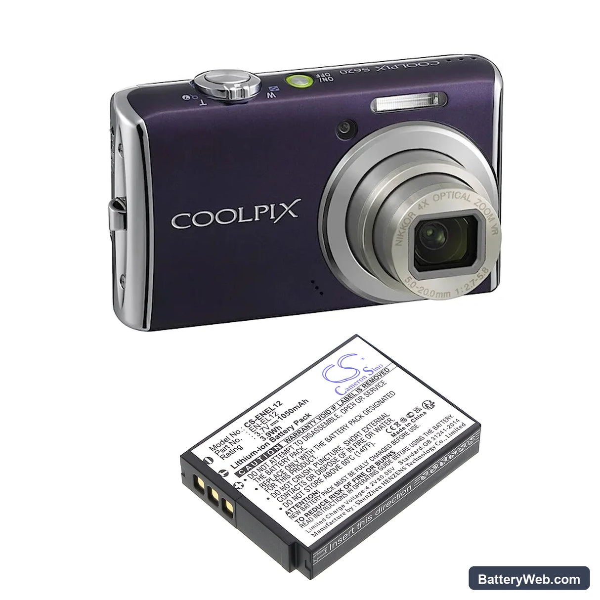 NiKon Coolpix S610 Replacement Battery, 3.7V, 1050mAh, Li-ion 4