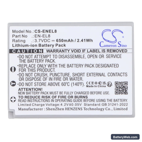 NiKon Coolpix P1 Replacement Battery, 3.7V, 650mAh, Li-ion 5