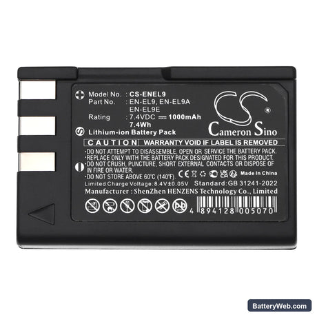 NiKon DSLR-D40 Replacement Battery, 7.4V, 1000mAh, Li-ion 5