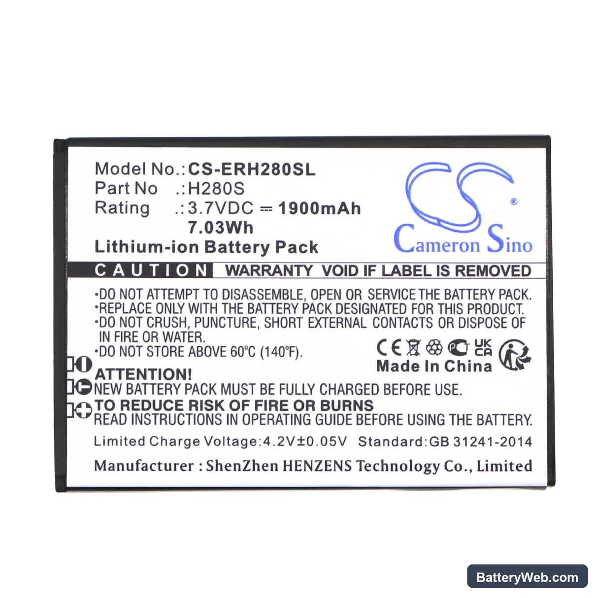 Energizer HARDCASE H280S Replacement Battery, 3.7V, 1900mAh, Li-ion 3