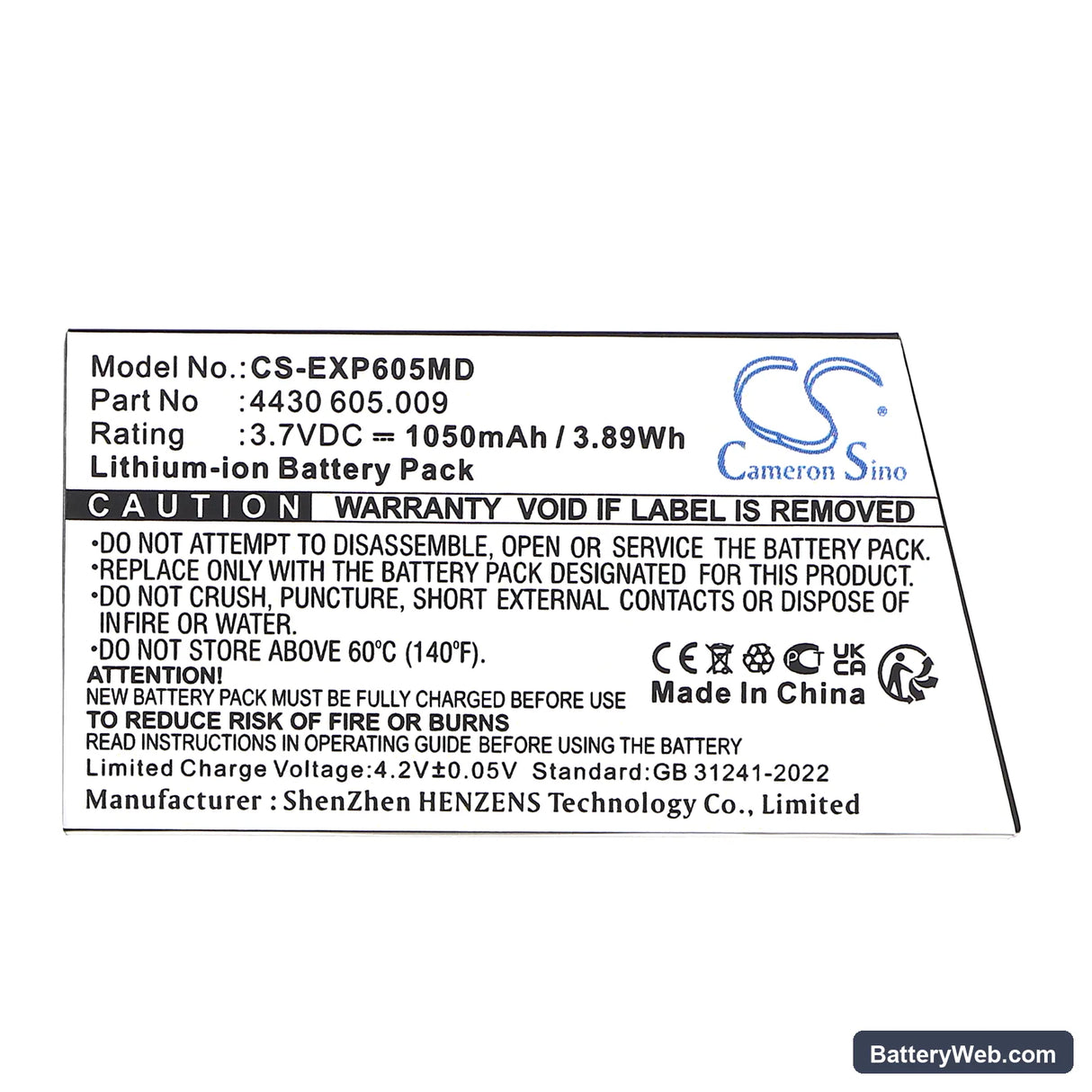 Eppendorf Easypet 3 Replacement Battery, 3.7V, 1050mAh, Li-ion 5