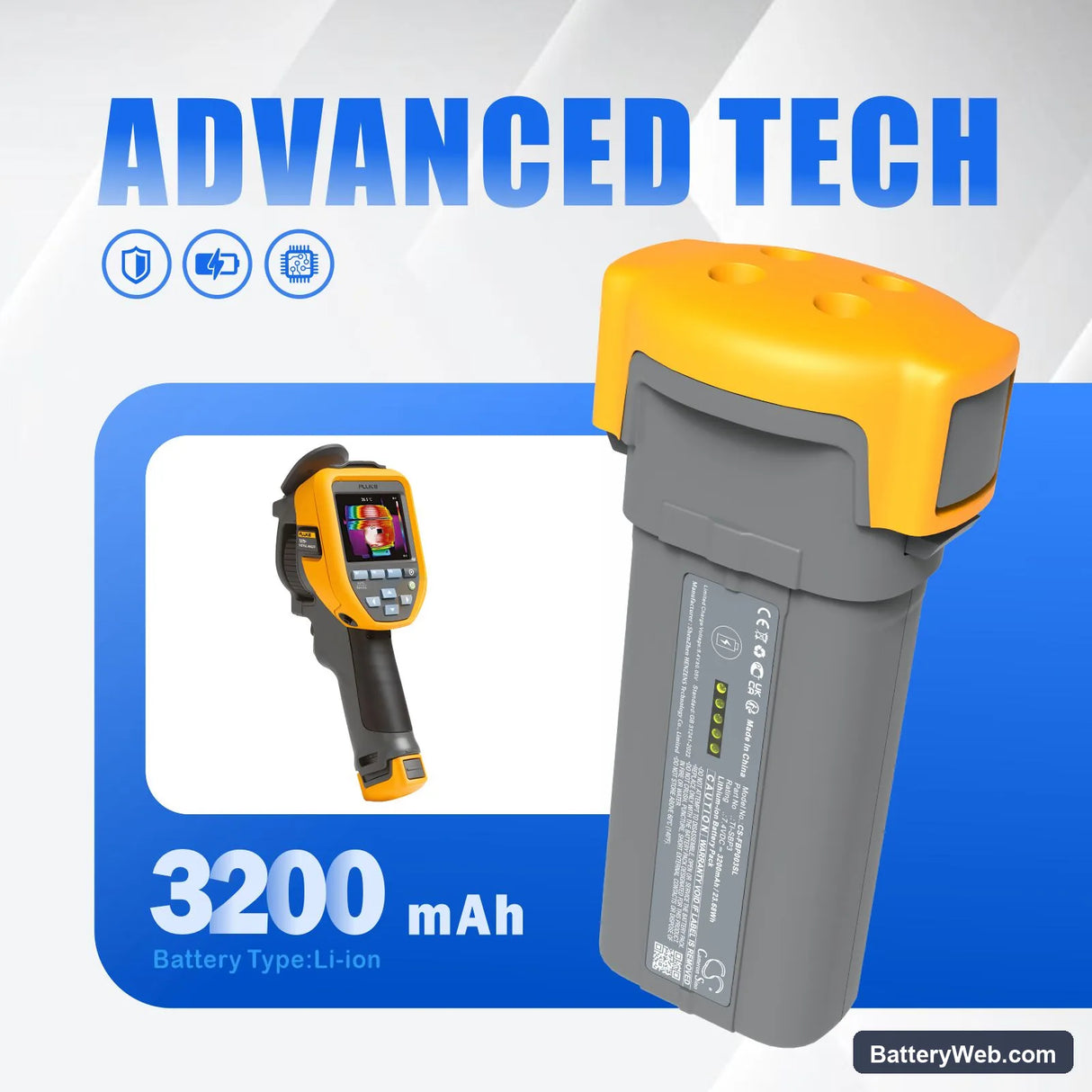 Fluke 4JNW4 Replacement Battery, 7.4V, 3200mAh, Li-ion 7