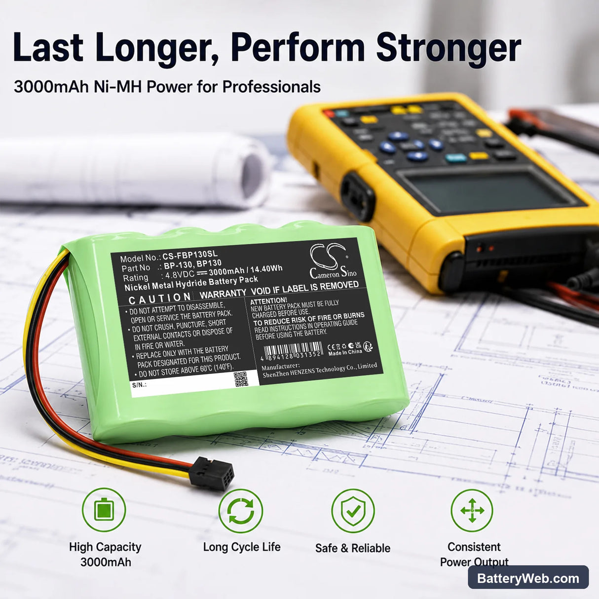 Fluke ScopeMeter 124 Replacement Battery, 4.8V, 3000mAh, Ni-MH 7