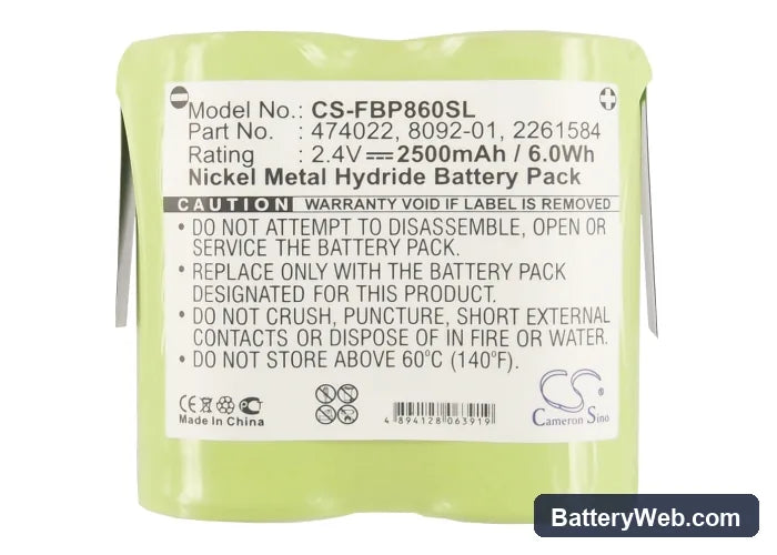 Fluke 8010 Replacement Battery, 2.4V, 2500mAh, Ni-MH 4