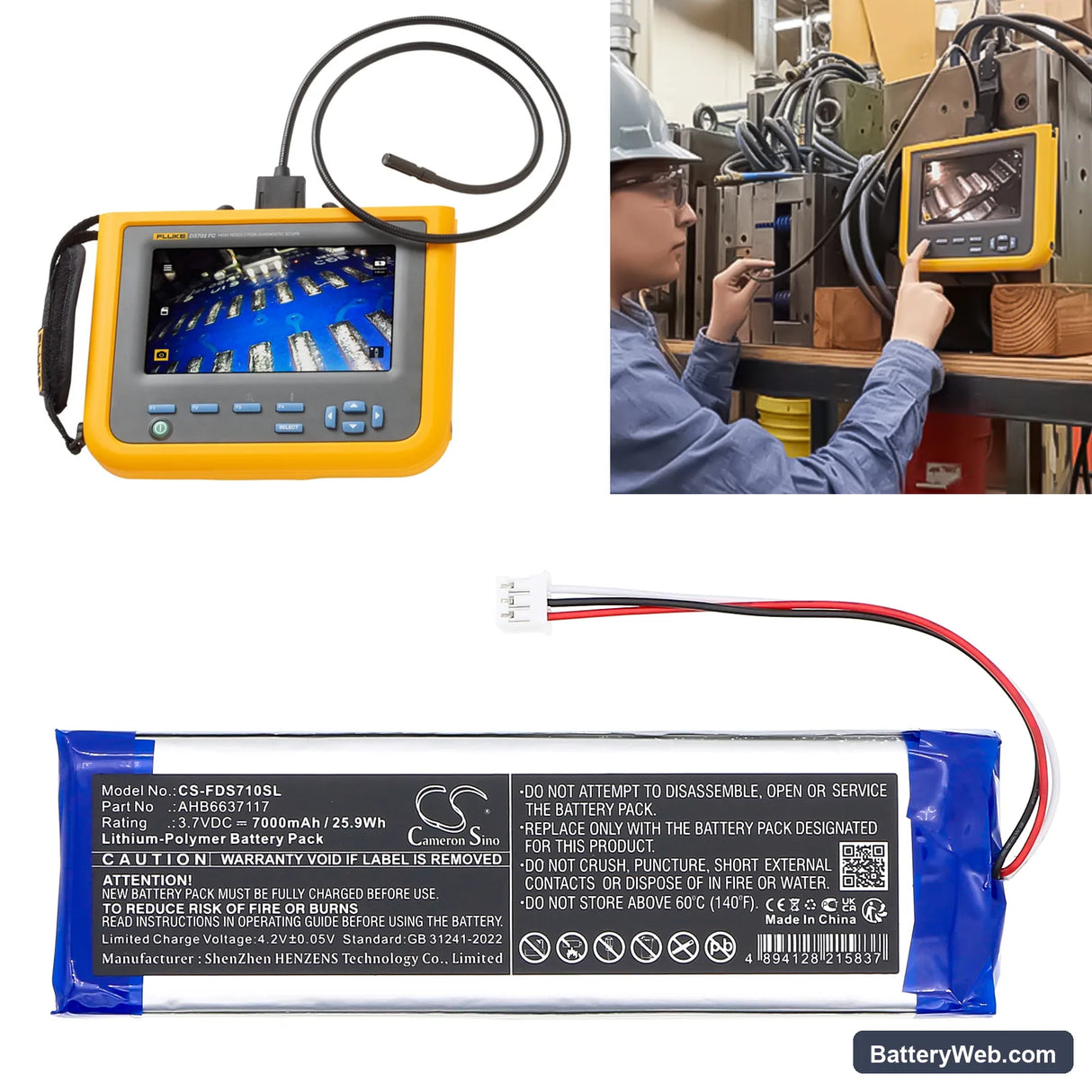 Fluke DS701 Diagnostic Videoscope Replacement Battery, 3.7V, 7000mAh, Li-Polymer 6