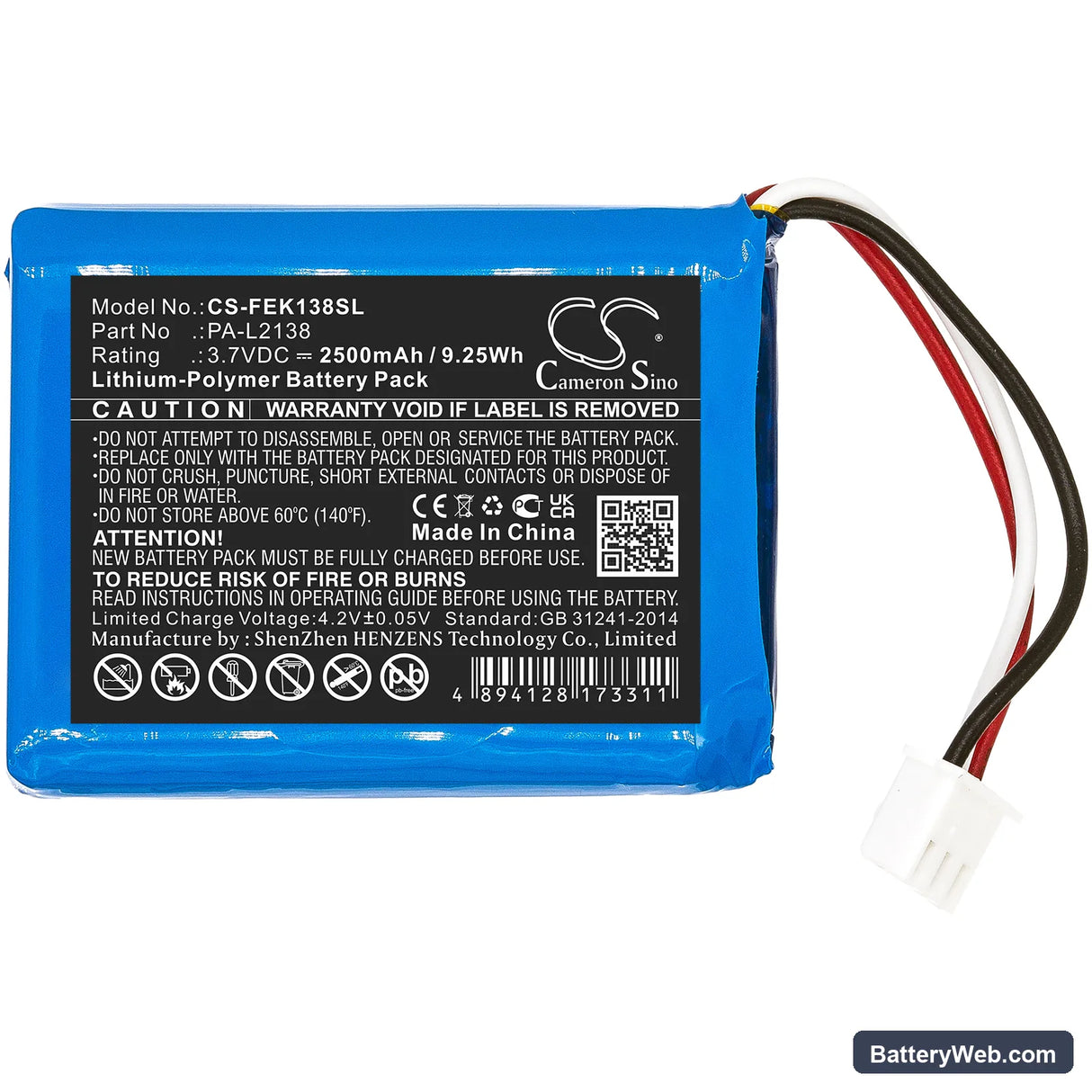 Fey Elektronik PA-L2138 Replacement Battery, 3.7V, 2500mAh, Li-Polymer 3