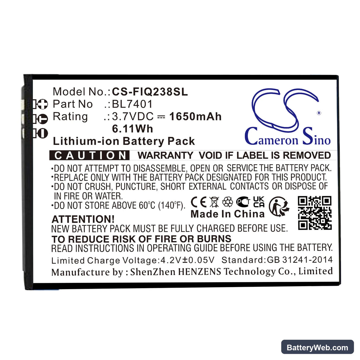 Fly IQ238 Replacement Battery, 3.7V, 1650mAh, Li-ion 1