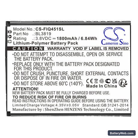 Fly IQ4514 Replacement Battery, 3.8V, 1800mAh, Li-Polymer 3