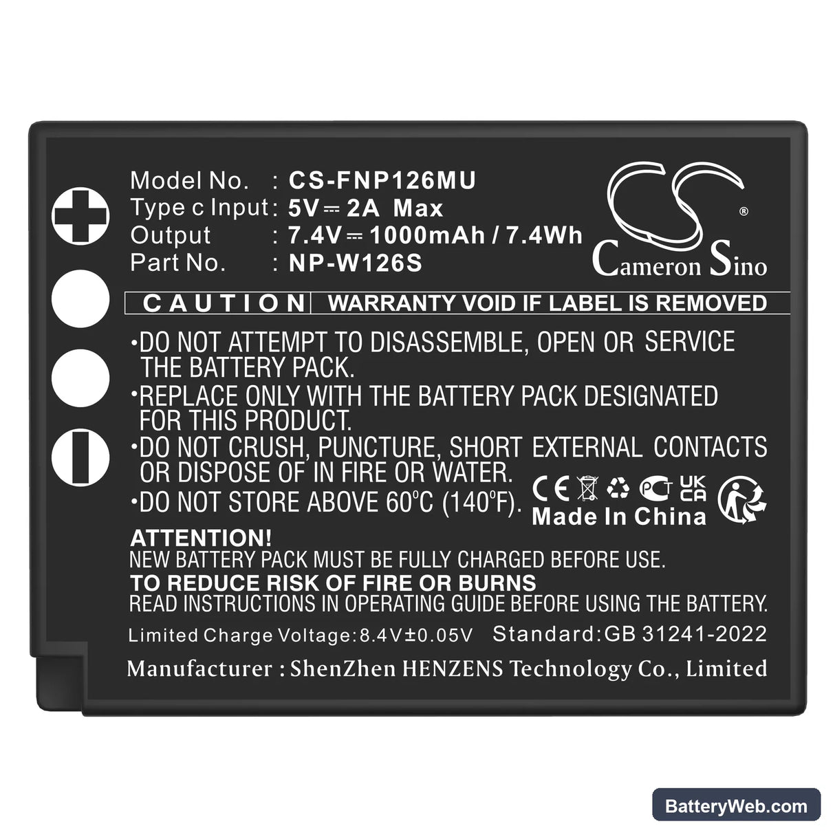 Fujifilm FinePix HS30EXR Replacement Battery, 7.4V, 1000mAh, Li-ion 5