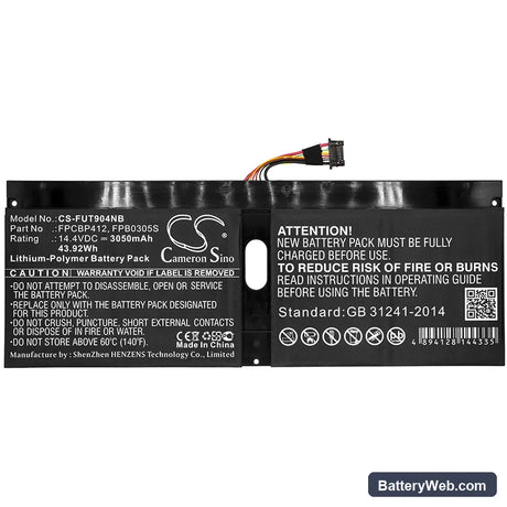 Fujitsu Lifebook U904 Replacement Battery, 14.4V, 3050mAh, Li-Polymer 3