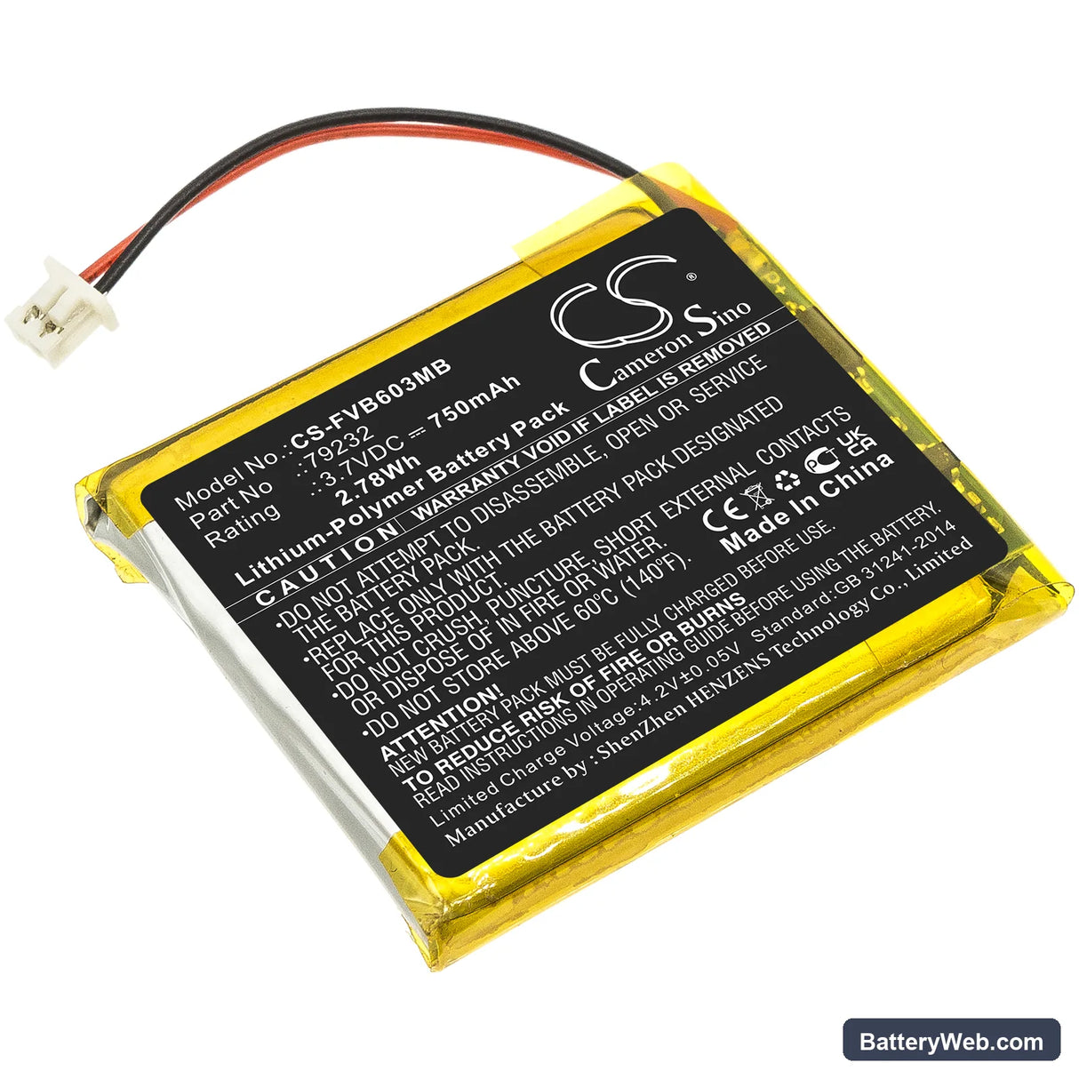 Lionelo Babyline 5.1  (2 wires version) Replacement Battery, 3.7V, 750mAh, Li-Polymer 1