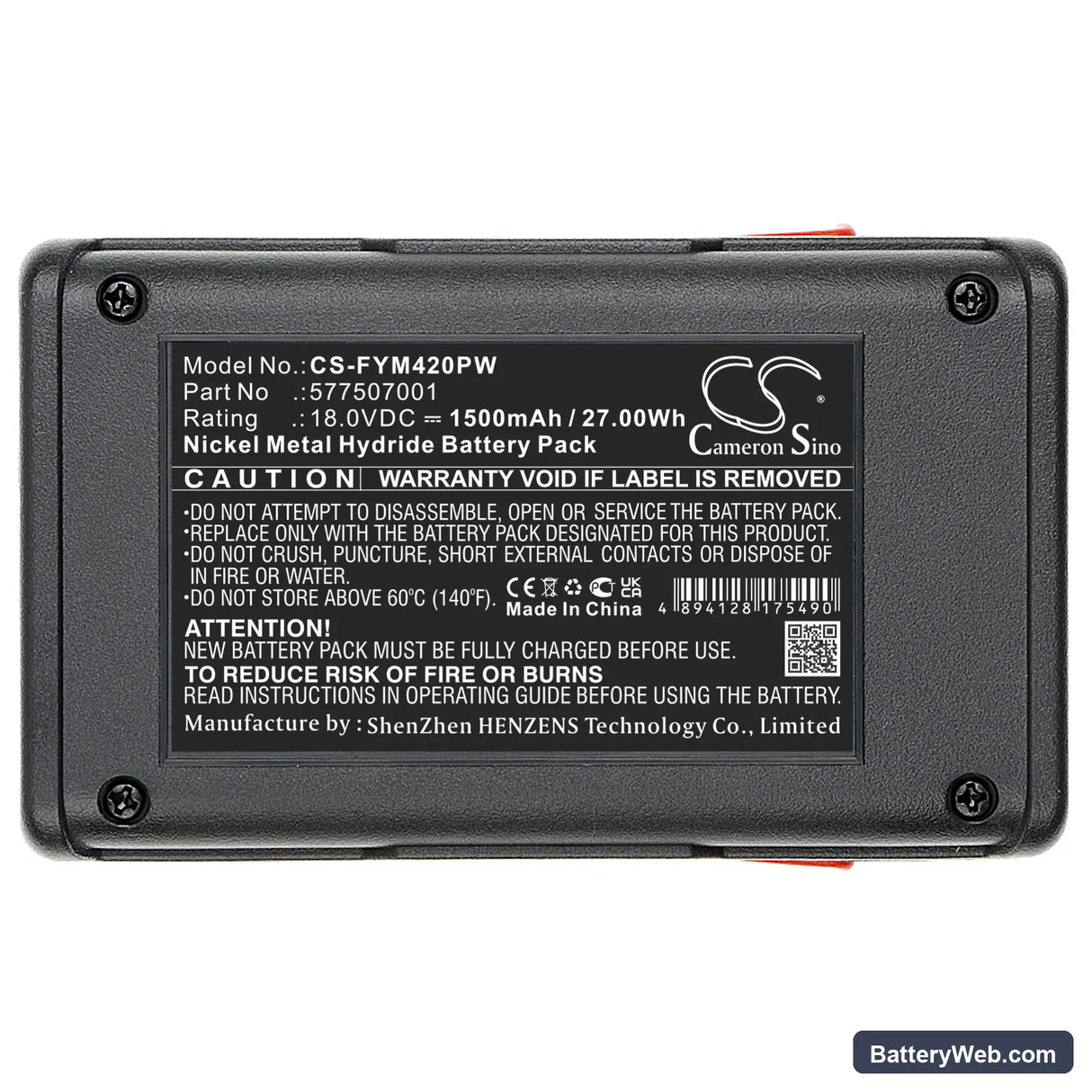 Flymo Contour Cordless XT Replacement Battery, 18V, 1500mAh, Ni-MH 5