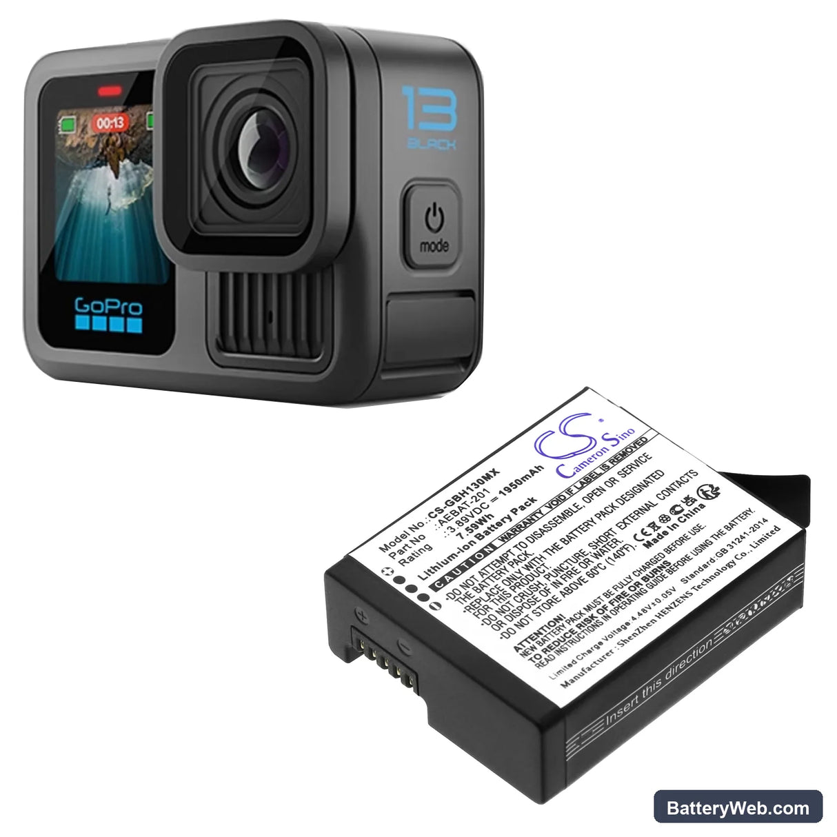 GoPro Hero 13 Replacement Battery, 3.89V, 1950mAh, Li-ion 6