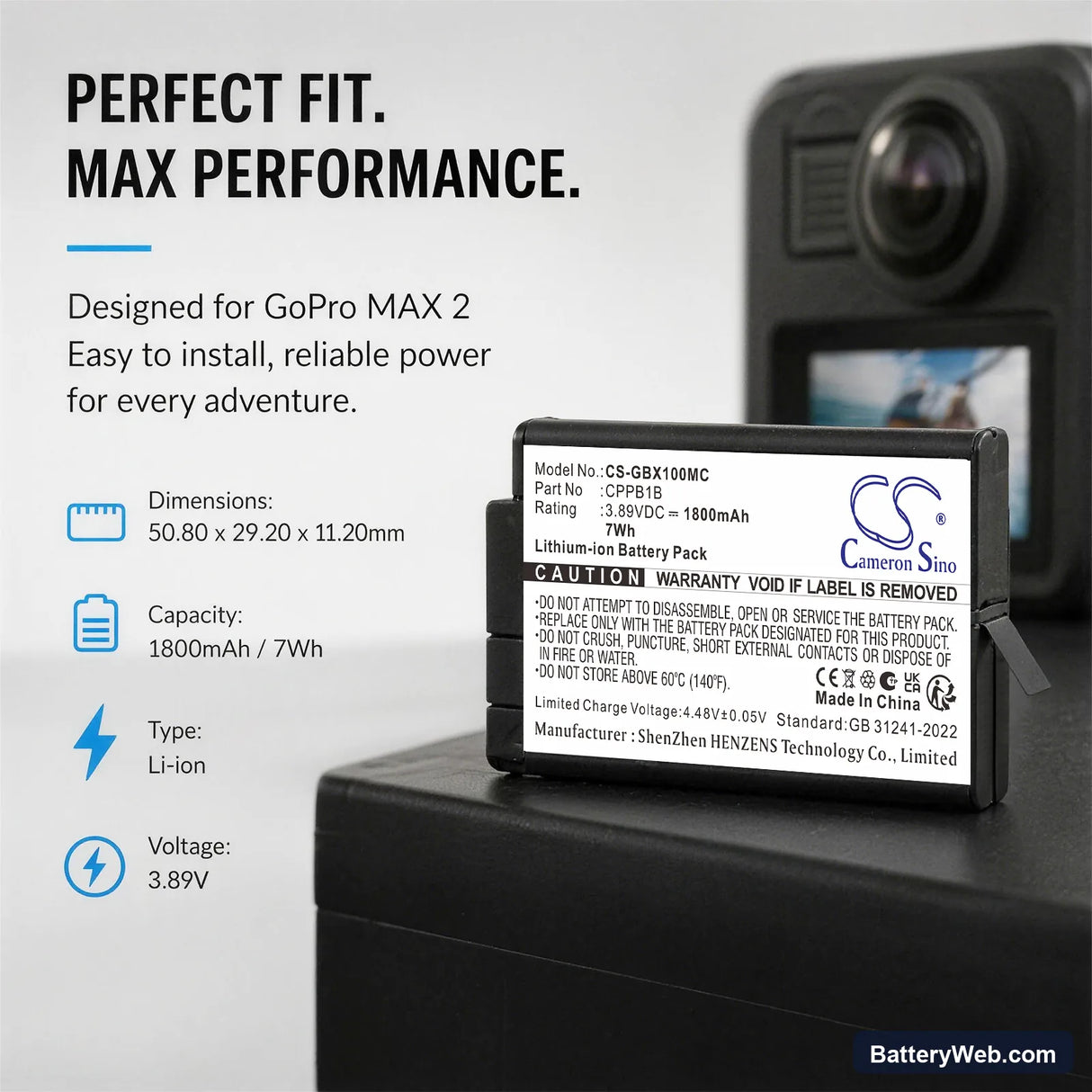 GoPro Max 2 Replacement Battery, 3.89V, 1800mAh, Li-ion 5