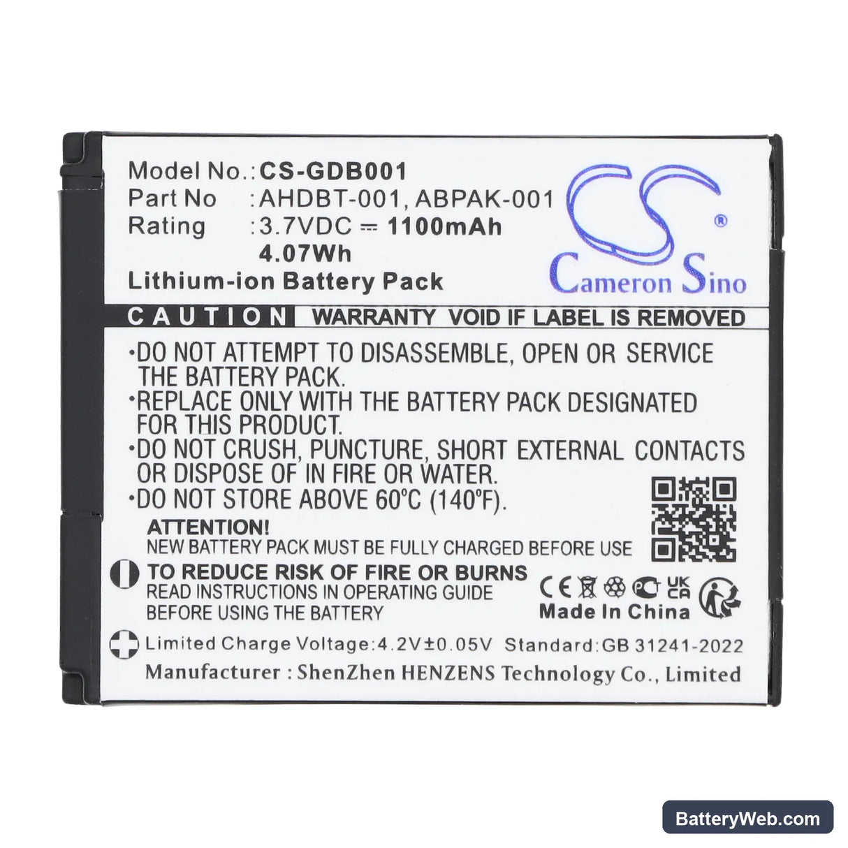 GoPro Hero Replacement Battery, 3.7V, 1100mAh, Li-ion 5