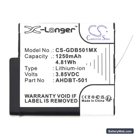 GoPro Hero 5 Replacement Battery, 3.85V, 1250mAh, Li-ion 5