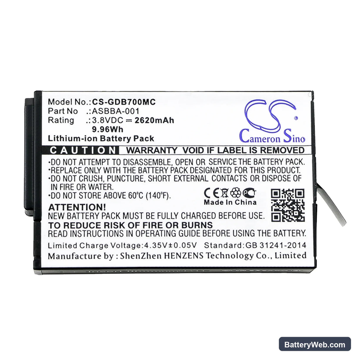 GoPro Fusion Replacement Battery, 3.8V, 2620mAh, Li-ion 3