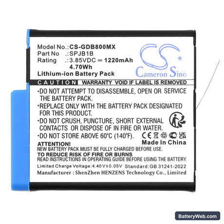 GoPro Hero 8 Black Replacement Battery, 3.85V, 1220mAh, Li-ion 5
