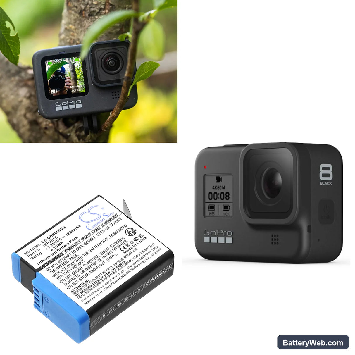 GoPro Hero 8 Black Replacement Battery, 3.85V, 1220mAh, Li-ion 6
