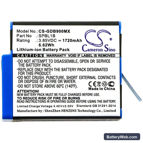 GoPro AHDBT-901 Replacement Battery, 3.85V, 1720mAh, Li-ion 3