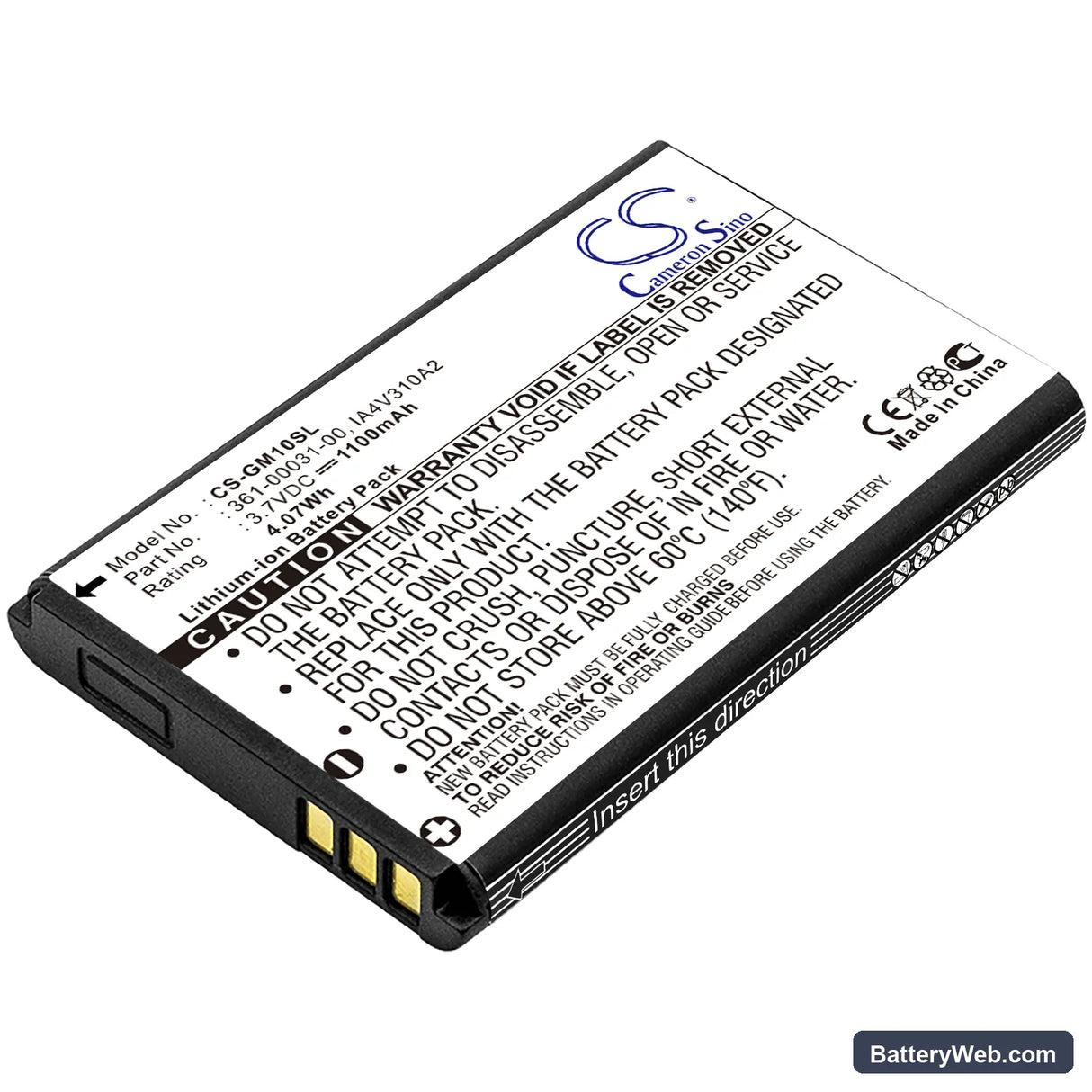 Garmin GPS Mobile 10 Replacement Battery, 3.7V, 1100mAh, Li-ion 1