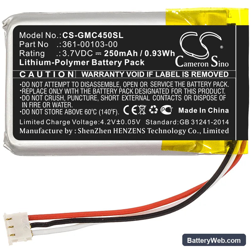 Garmin DashCam 45 Replacement Battery, 3.7V, 250mAh, Li-Polymer 3