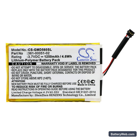 Garmin Dezl 560 Replacement Battery, 3.7V, 1250mAh, Li-Polymer 3