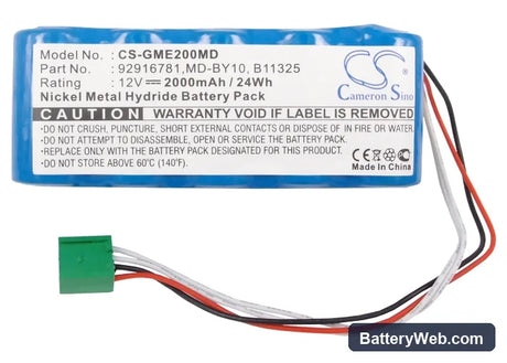 GE Monitor Dash 2000 Replacement Battery, 12V, 2000mAh, Ni-MH 5