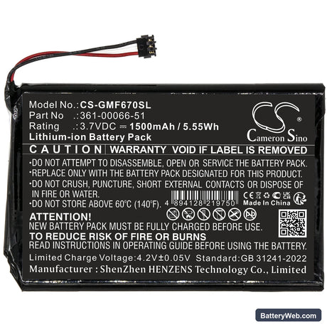 Garmin Fleet 670 LM TRUCK Replacement Battery, 3.7V, 1500mAh, Li-ion 3