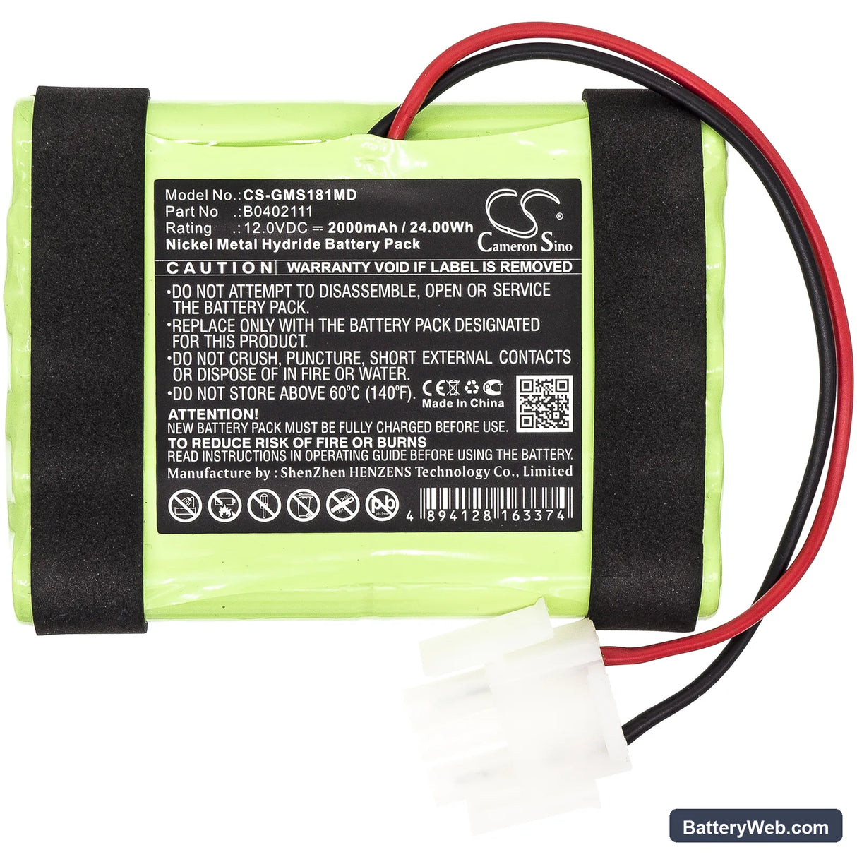 GE Hellige Servomed SMS 181 Replacement Battery, 12V, 2000mAh, Ni-MH 3