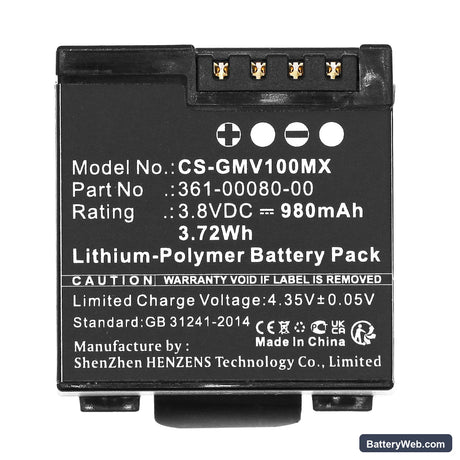 Garmin Virb X Replacement Battery, 3.8V, 980mAh, Li-Polymer 5