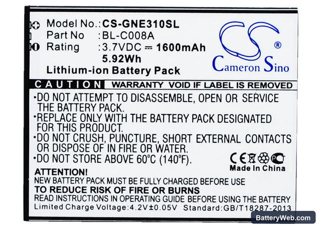 GIONEE E3 Replacement Battery, 3.7V, 1600mAh, Li-ion 1