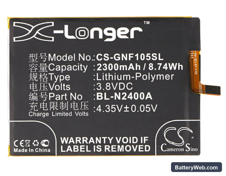 GIONEE F105 Replacement Battery, 3.8V, 2300mAh, Li-Polymer 5