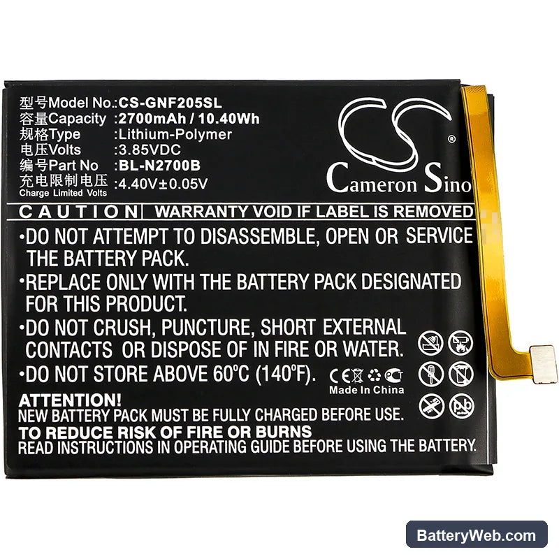 GIONEE F205 Replacement Battery, 3.85V, 2700mAh, Li-Polymer 3