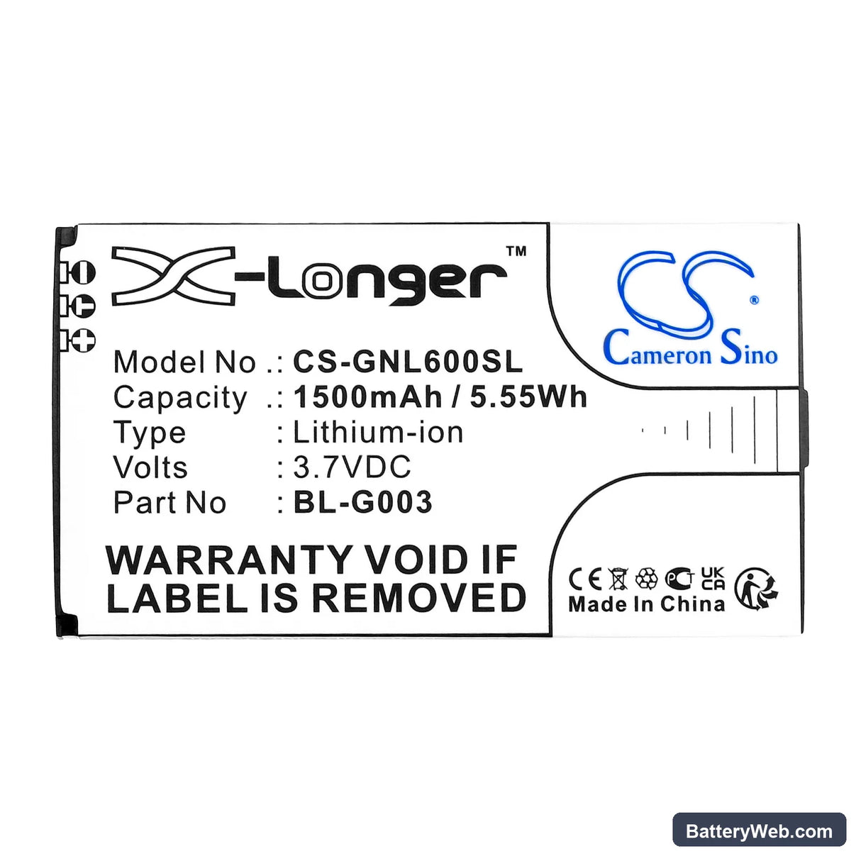 GIONEE L601 Replacement Battery, 3.7V, 1500mAh, Li-ion 3