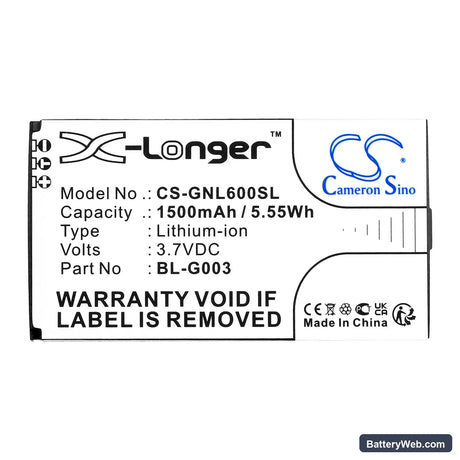 GIONEE L601 Replacement Battery, 3.7V, 1500mAh, Li-ion 3
