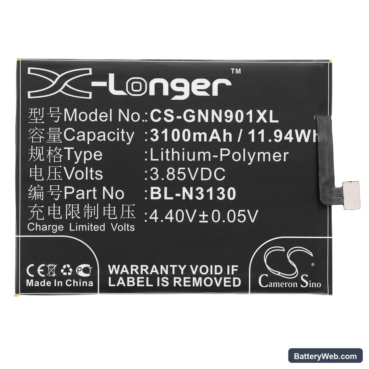GIONEE S6 Pro Replacement Battery, 3.85V, 3100mAh, Li-Polymer 3