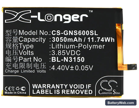 GIONEE Elife S6 Replacement Battery, 3.85V, 3050mAh, Li-Polymer 5