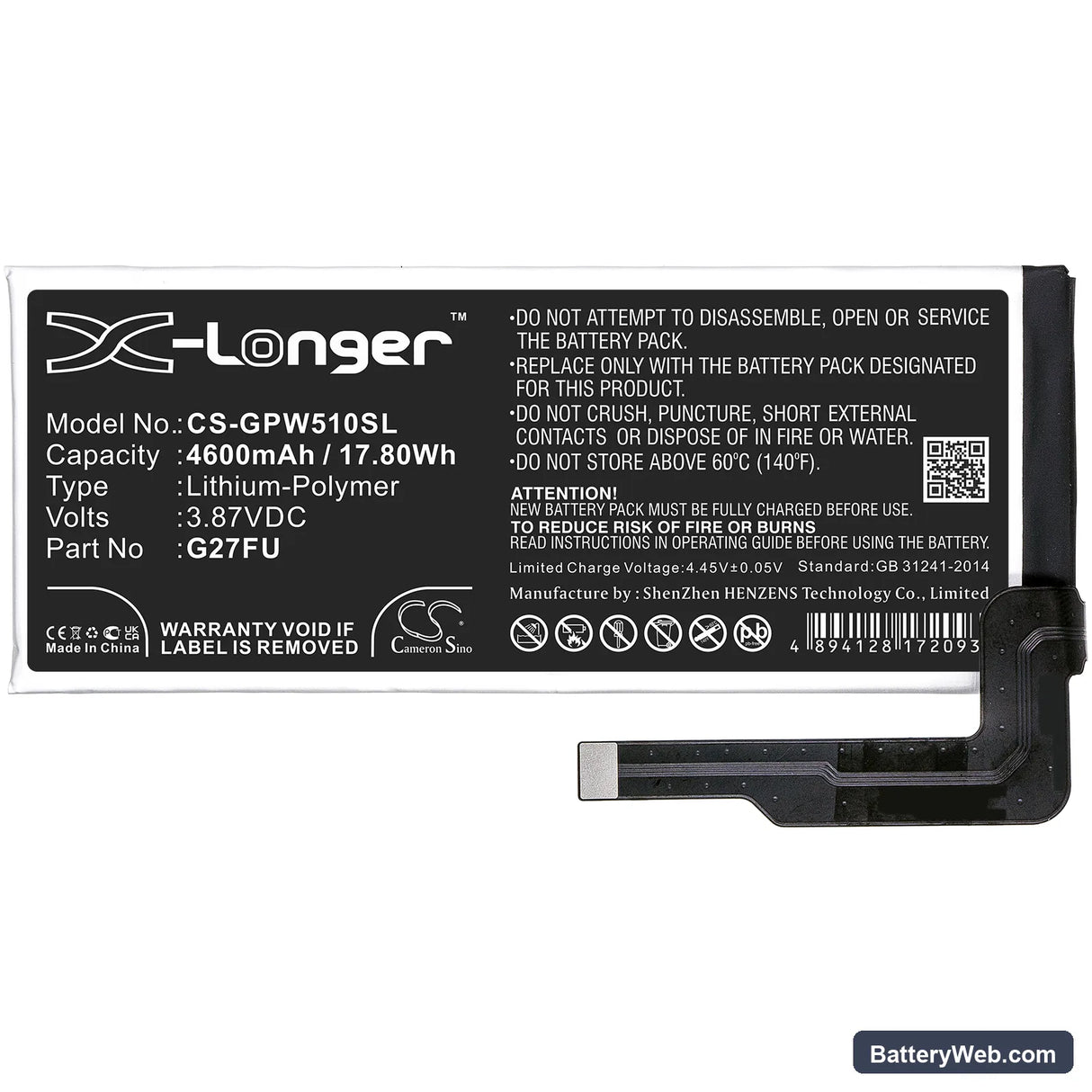Google Pixel 5A Replacement Battery, 3.87V, 4600mAh, Li-Polymer 3