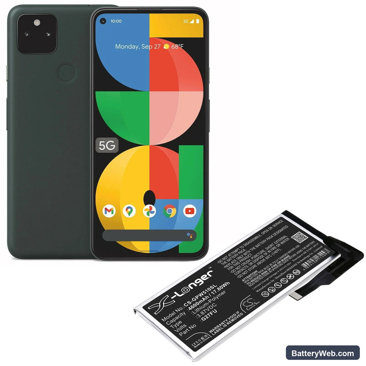 Google Pixel 5A Replacement Battery, 3.87V, 4600mAh, Li-Polymer 5