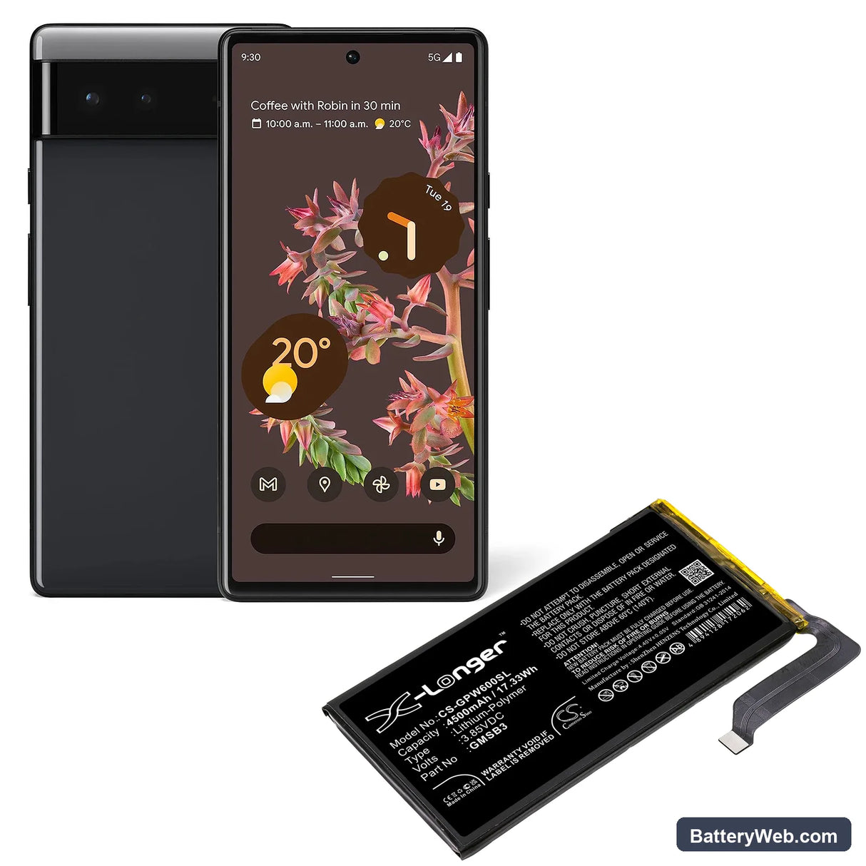 Google Pixel 6 Replacement Battery, 3.85V, 4500mAh, Li-Polymer 5