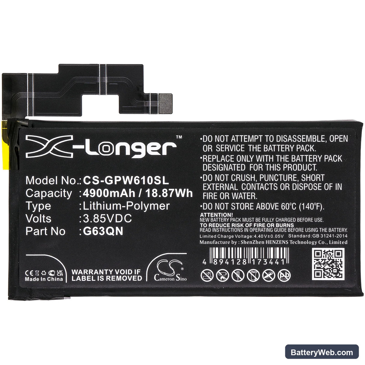 Google Pixel 6 Pro Replacement Battery, 3.85V, 4900mAh, Li-Polymer 3