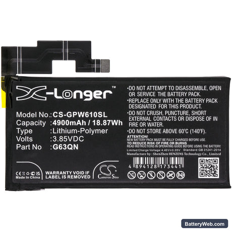 Google Pixel 6 Pro Replacement Battery, 3.85V, 4900mAh, Li-Polymer 3
