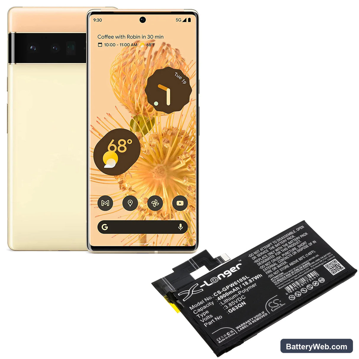 Google Pixel 6 Pro Replacement Battery, 3.85V, 4900mAh, Li-Polymer 5