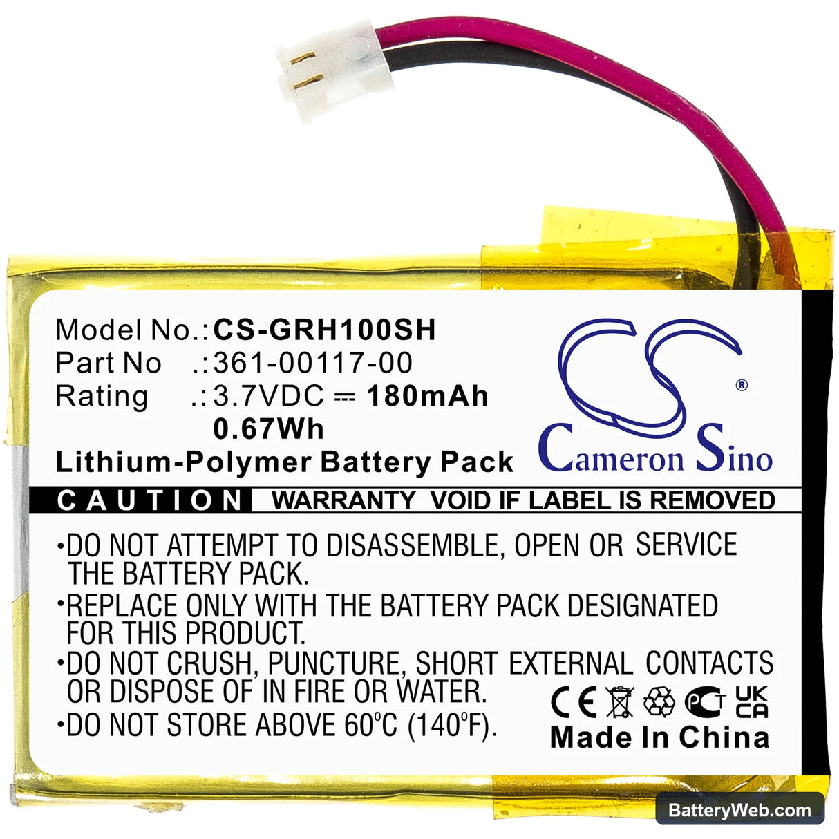 Garmin Approach S10 Replacement Battery, 3.7V, 180mAh, Li-Polymer 3
