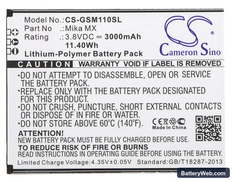 GSmart Mika MX Replacement Battery, 3.8V, 3000mAh, Li-Polymer 5