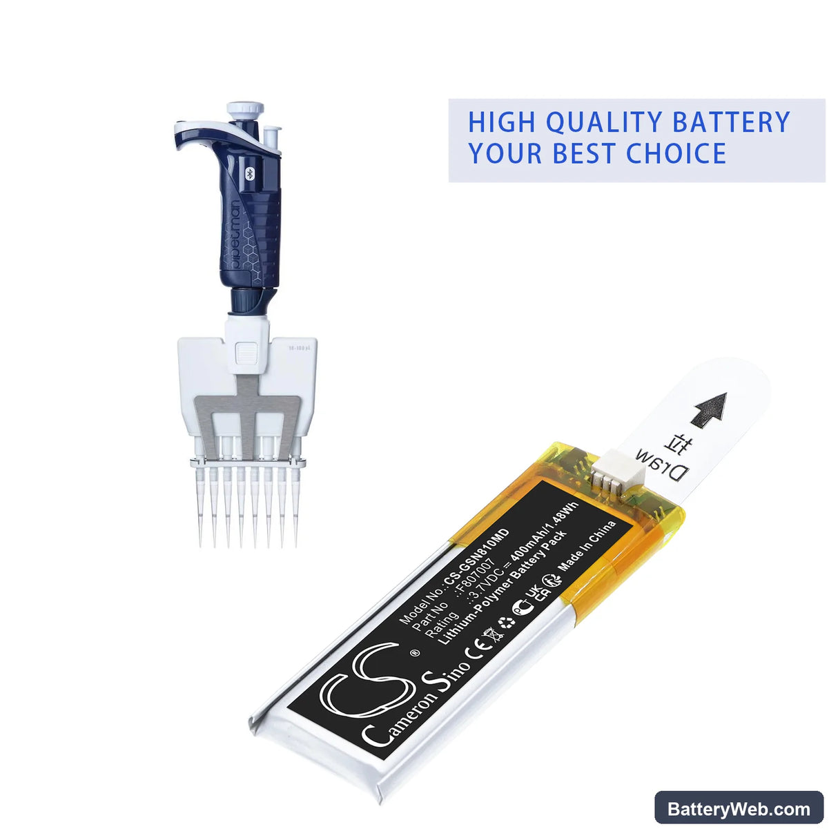Gilson F81052 PIPETMAN M P8X100M EIGHT CHANNEL 10 - 100 UL DIGITAL PIPETTE Replacement Battery, 3.7V, 400mAh, Li-Polymer 4