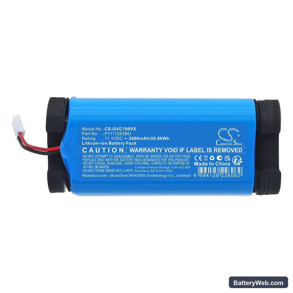 GRE Electric Vac VCB10 Replacement Battery, 11.1V, 2600mAh, Li-ion 3