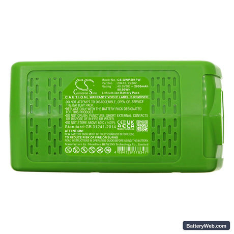 GreenWorks G-MAX 40V Replacement Battery, 40V, 2000mAh, Li-ion 5