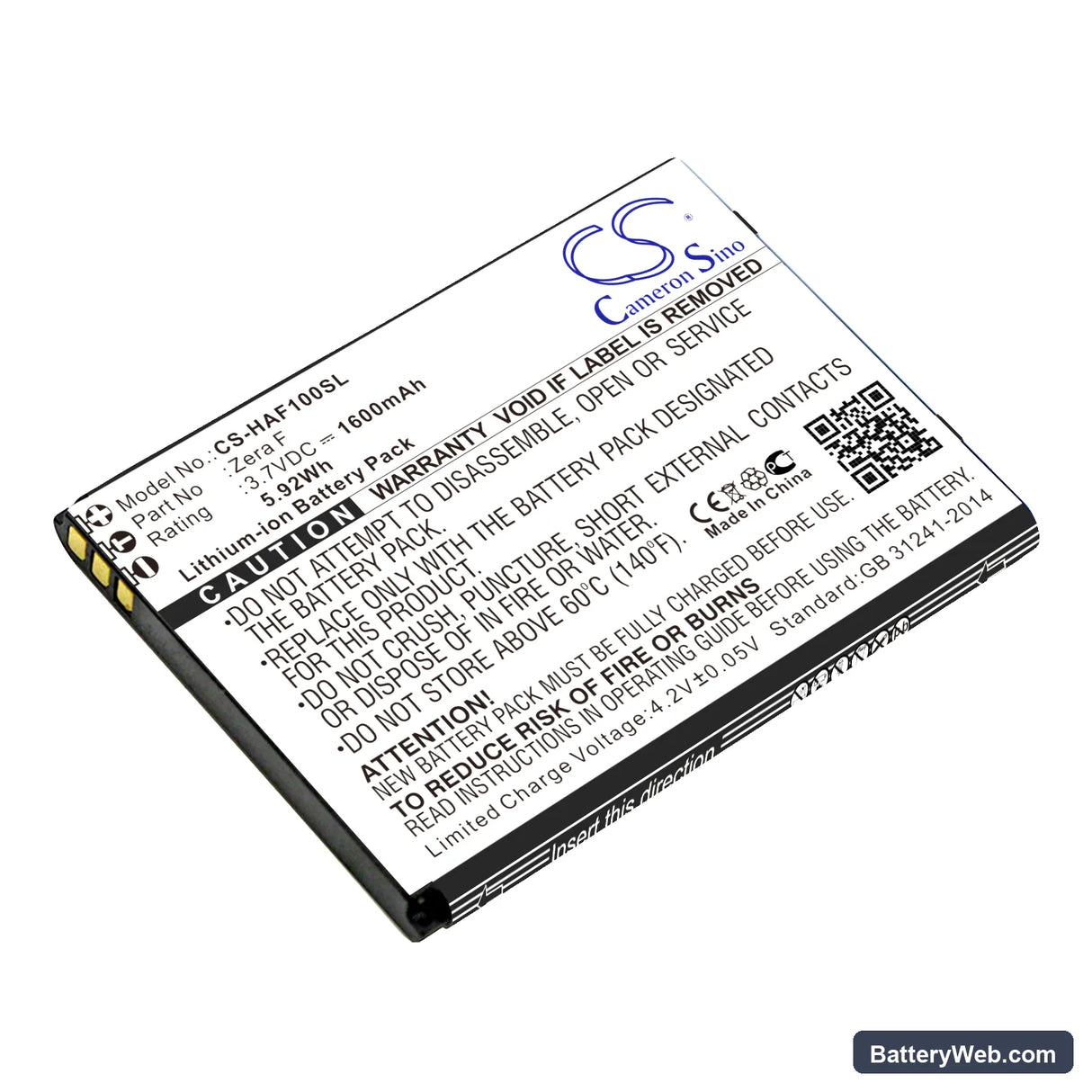 Highscreen Zera F Replacement Battery, 3.7V, 1600mAh, Li-ion 1